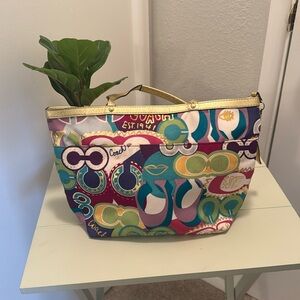 Used authentic Vintage colorful Coach tote bag. Radiantly beautiful, gently used